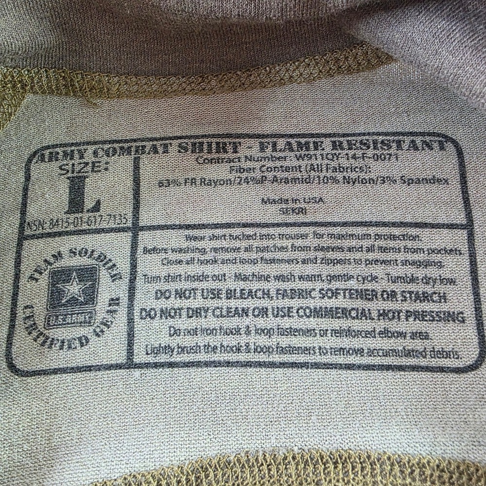US Army Combat Shirt Flame Resistant Multicam OCP Tactical L W911QY-14-F-0071 - Picture 4 of 16